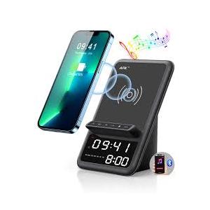 AFK Wireless Charging Station with Bluetooth Speaker and Alarm Clock,Wireless Charger Compatible with iPhone,Android Phones(Black)