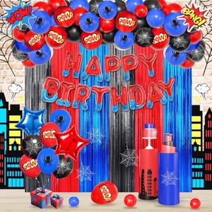 Red Spider Web Birthday Decorations For Boys,Large Number Balloons for Kids Party Decorations,Happy Birthday Banner,Foil Fringe Curtains