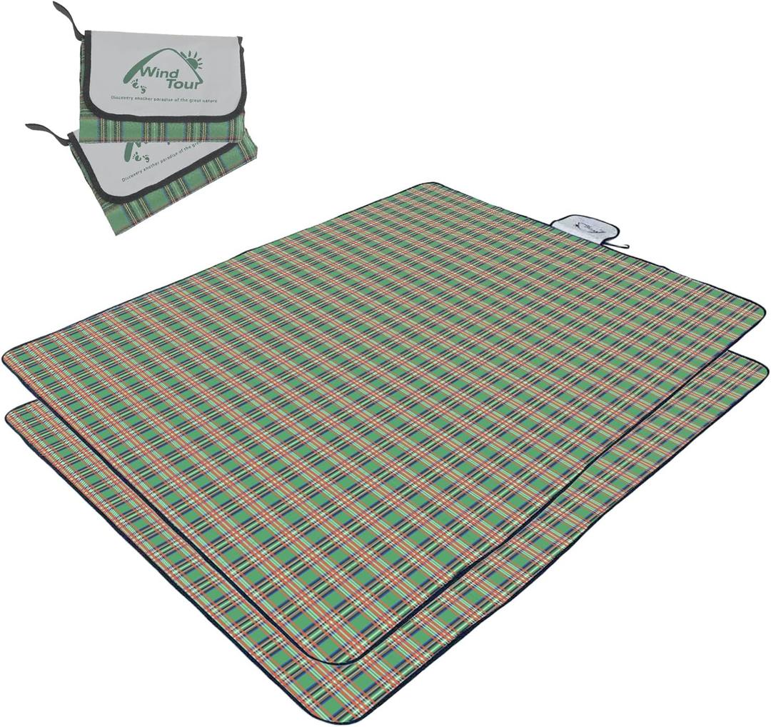 Wind Tour Waterproof Picnic Blanket with Carry Strap - Foldable Sandproof Outdoor Mat for Camping, Beach, Park - 59" x 71",Green(Two Mat Set)