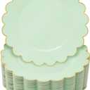 BLUE PANDA 50 Pack Sage Green Plastic Plates with Gold Trim, 9-Inch Scalloped Edges Plastic Plates, Durable Pastel Dessert Party Plates for Birthday, Baby Shower, Wedding