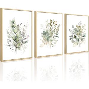 Joocrise Watercolor Botanical Wall Art Set of 3 Boho Floral Canvas Wall Decor Prints Sage Green Wildflower Wall Art Modern Flower Pictures Botanical Painting for Bedroom Bathroom 16x24 Inch Framed