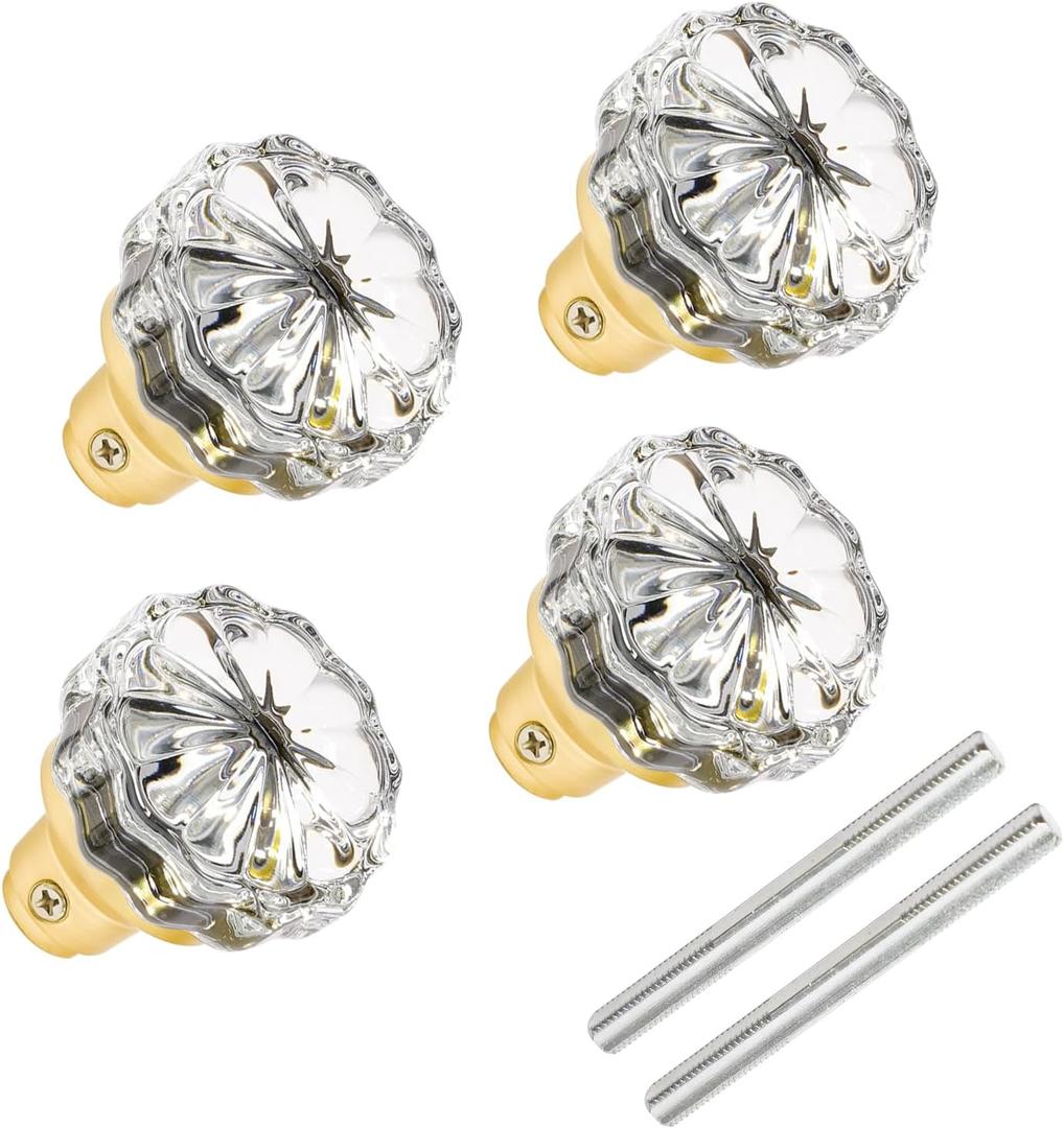 Glass Door Knobs InteriorMortise Style Fluted Crystal Antique Door Knobs Replacement Setfor Home Interior (Gold, 2 Pack)