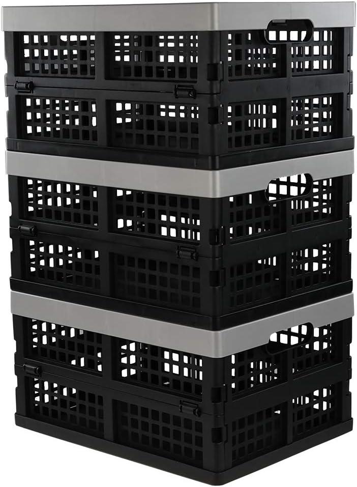 Jekiyo 16-Liter Folding Crates Storage, Collapsible Container Plastic, Set of 3 (Black)