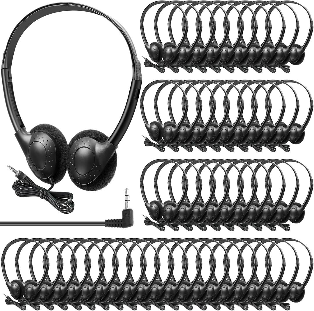 Hoteam 100 Pack Headphones for Classroom Bulk Students Adjustable Headphones Wired Pack Black Over The Head Earphones with 3.5 mm Plug for School Library Museums Charity Donate(Black)