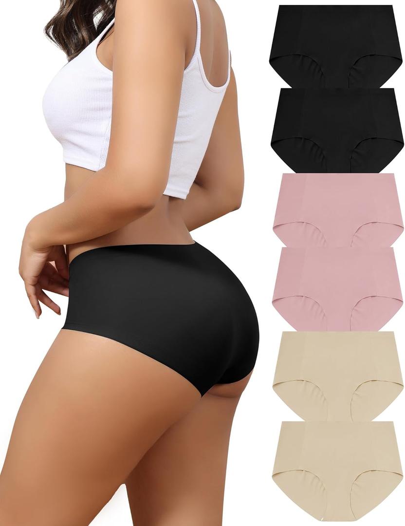 LEVAO Women's Underwear Seamless No Show Hipster Bikini Panties Stretch Invisible Briefs 6 Pack S-2XL (Large, 2*black/2*pink/2*skin Color)