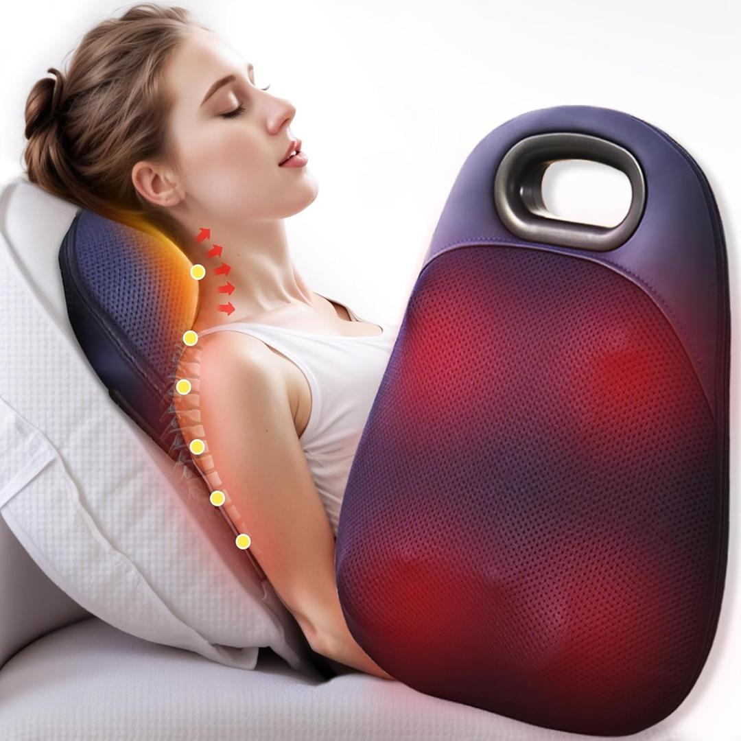 Shiatsu Neck and Back Massager ,With Heating and Bidirectional Rotation Heads ,4D Electric Massage Pillow with 4 Nodes ,Neck Back Shoulder Foot Pain Relief, Portable & Rechargeable, Holiday Gift