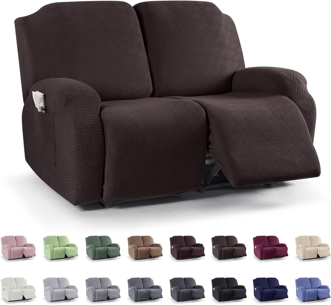 KinCam Recliner Loveseat Covers, Stretch Reclining Cover, Recliner Sofa Slipcovers Stripe Jacquard Recliner Couch Covers Furniture Protector Cover for Pet Kid (2 Seater, Chocolate)