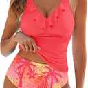 Women's Ruffle Two Piece Swimsuits Tummy Control Tankini V Neck Bathing Suits Modest Swimwear, Coral, Large