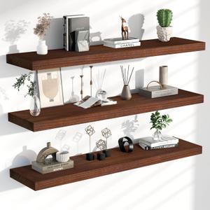 Floating Shelves for Wall, 48 Inch Extra Long Walnut Wall Shelves, Set of 3, Hanging Invisible Brackets Floating Shelves for Living Room, Bedroom, and Kitchen