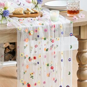Artoid Mode Embroidery Daisy Spring Gauze Table Runner 59x120 Inch 10FT, Seasonal Sheer Kitchen Dining Holiday Wedding Birthday Table Decor for Home Party
