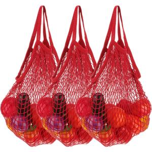 uxcell Reusable Mesh Produce Storage Bags Washable Net Portable Fruit and Vegetable Bag Cotton String Bags for Grocery Shopping (Red)