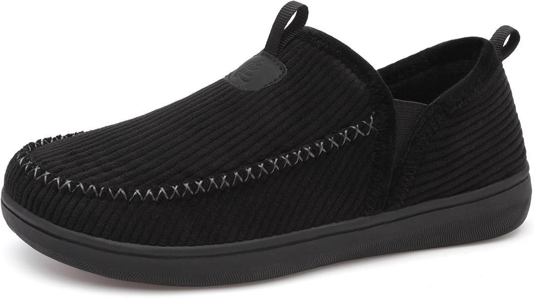 LeIsfIt Men's Slippers Wide Memory Foam House Shoes Moccasin Slip-On Cozy Loafer Slippers for Indoor & Outdoor (Black) Size 13