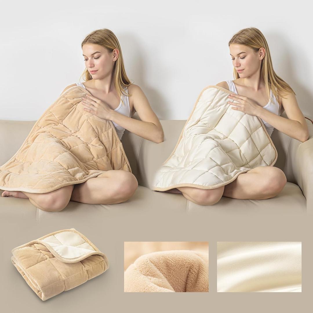Small Weighted Blanket for Adults (Double-sided),Weighted Lap Pad 7lbs Throw for Travel,Calming,Relaxation-Reversible Warm Crystal Velvet and Cooling Tencel,Machine Washable,Yellow 29x24 inch (29''x24'' - 7LBS, Champagne)