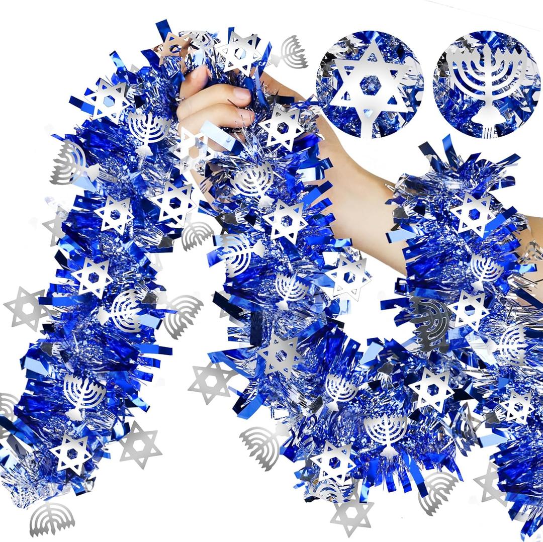 Hanukkah Decorations 2 Pack Total 36 FT Hanukkah Tinsel Garland with Menorah Star of David Silver Ornaments Blue Metallic Streamers Decor, Indoor Outdoor Chanukah Decorations for Home Party Supplies