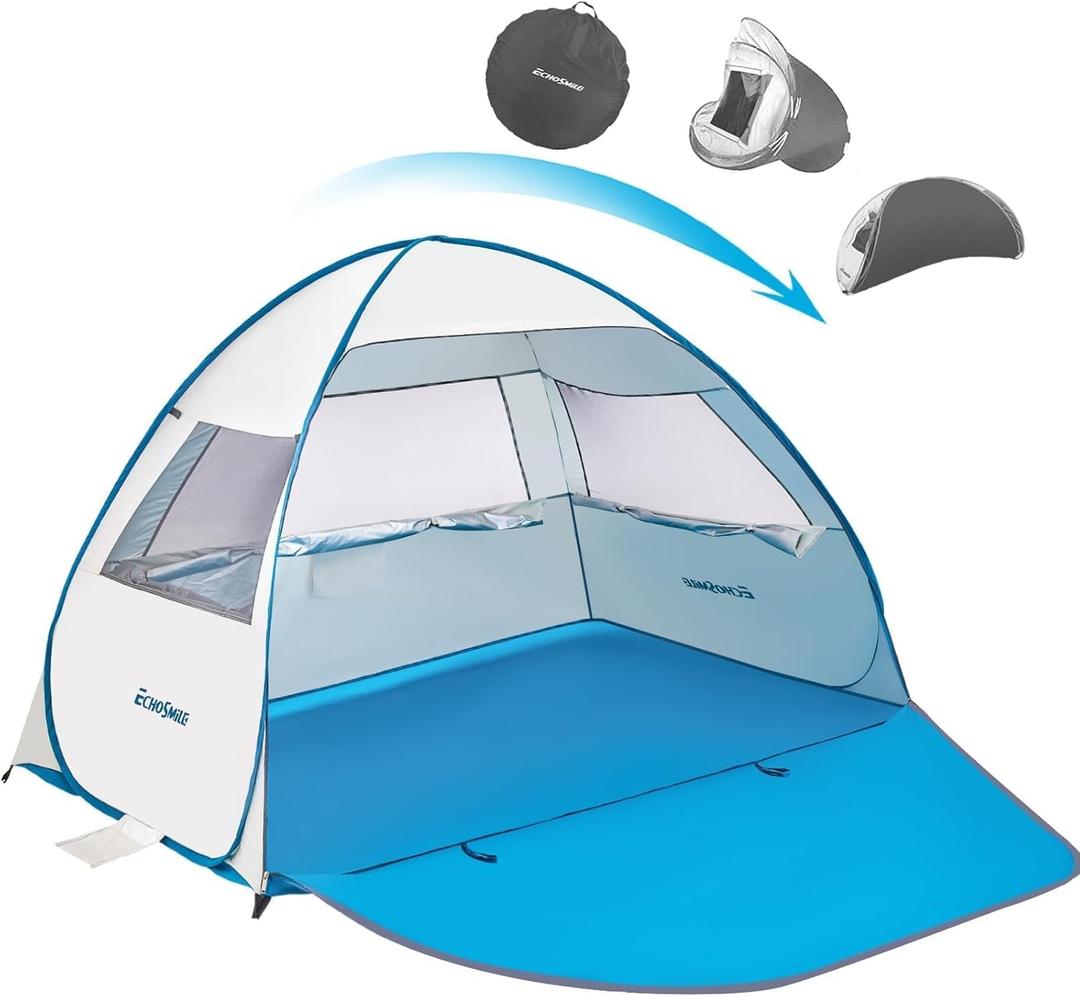 EchoSmile Pop Up Tent for 4 Person Family, Beach Tent Sun Shelter with UPF 50+ UV Protection & Waterproof, Lightweight & Easy Automatic Setup Portable Cabana for Outdoor Travel (Light Blue)