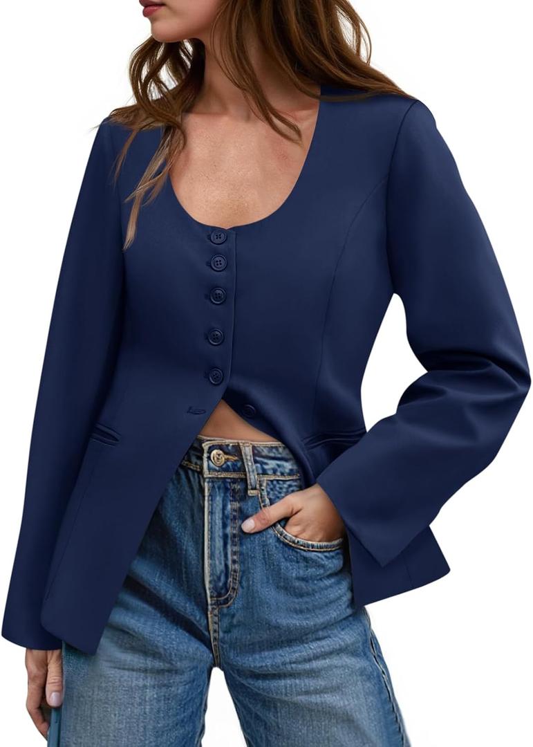 Cicy Bell Womens Business Work Casual Blazers Button Down Scoop Neck Split Hem Fitted Suit Jackets (Blue, XXL)