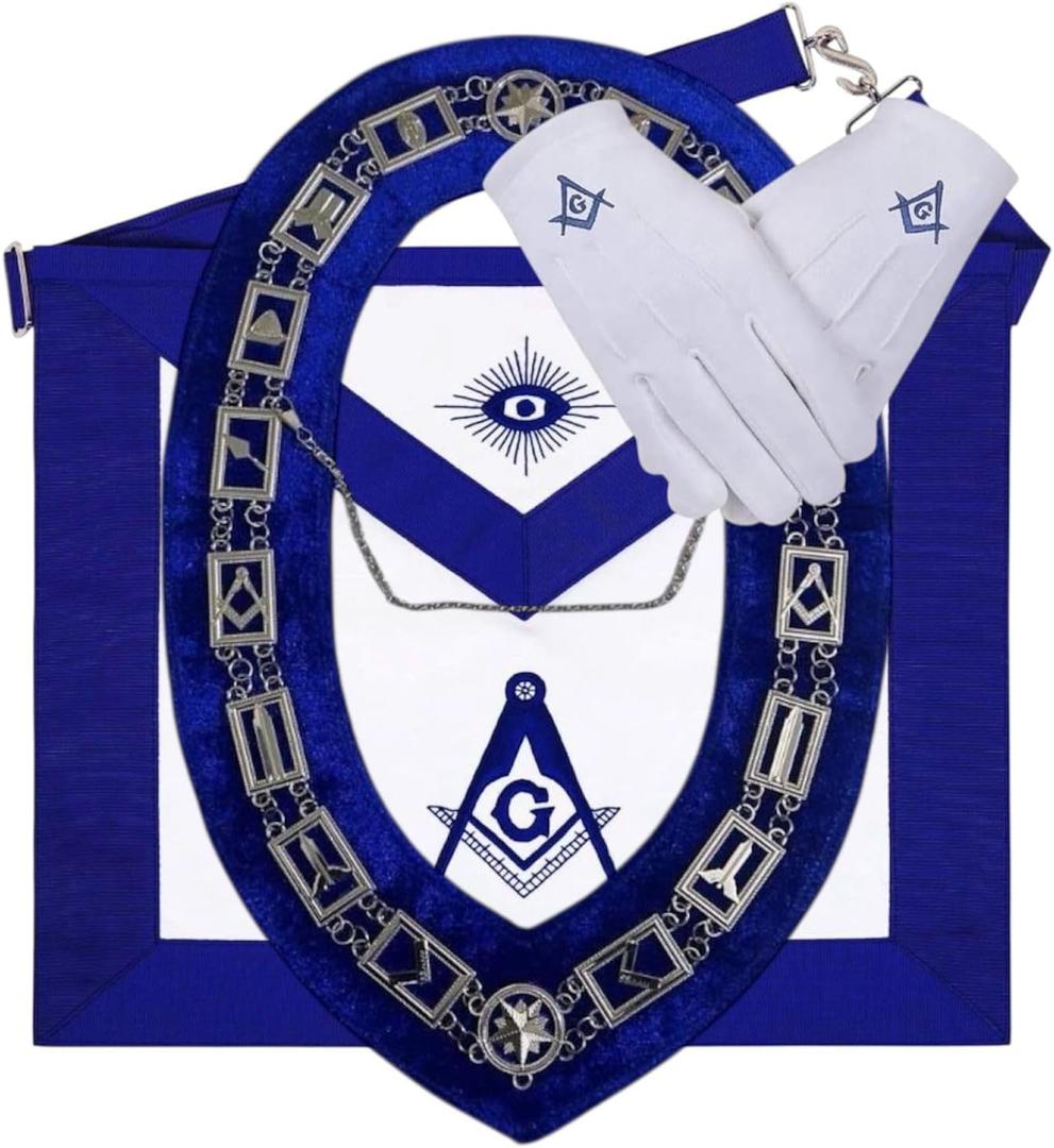 Masonic Regalia Master Mason Blue Lodge Apron Set With Blue Lodge Chain Collar And Gloves (Apron+Chain Collar+Gloves) (Blue)