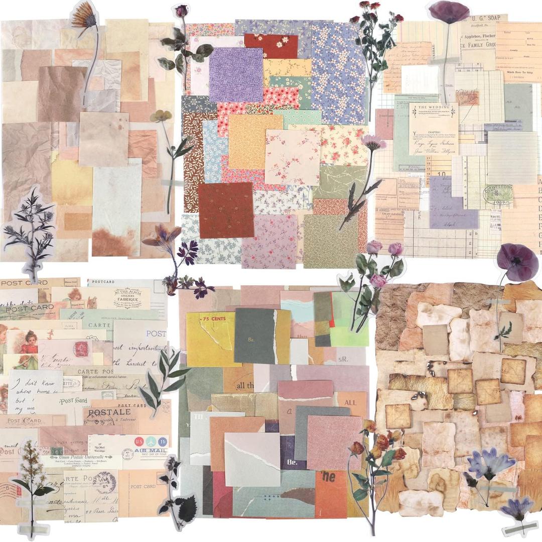 445 PCS Vintage Scrapbook Paper Journaling Scrapbooking Supplies Kit Aesthetic Decorative Craft Paper include 40 Sheet Flowers Stickers for Planner, Bullet Journaling, Junk Journal, Retro Crafts (Vintage-445PCS)