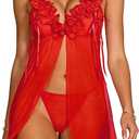 Hilinker Womens Sheer Mesh Babydoll Lingerie Ruffle Trim Deep V Open Front Nightdress with Thong Red Small (Red, S)