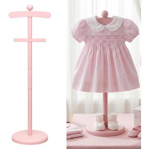 Bucherry 1 Pack Baby Clothes Display Stand Wooden Baby Shower Centerpiece Adjustable Height Circle Shaped Dress Hanger Doll Dress Outfit Stand Rack Hand Assembled Hangers Display Set (Pink Color)