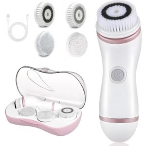 Facial Cleansing Brush, 4 in 1 Electric Face Scrubber with Travel Case and 4 Brush Heads, Waterproof Facial Cleansing Spin Brush for Gentle Exfoliation and Deep Cleaning (Pink)
