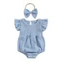 Newborn Baby Girl Clothes Ruffle Sleeve Solid Smocked Bubble Romper Jumpsuit Bow Headband Cute Summer Clothes (Blue, 3-6 Months)