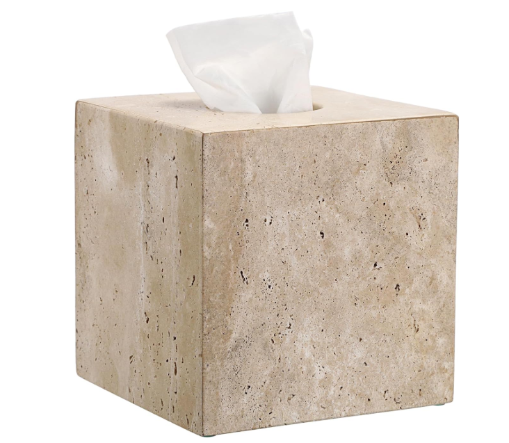 Sumnacon Square Tissue Box Cover Natural Travertine Tissue Cover with Pads, Heavy Duty Stone Tissue Box Holder,Gorgeous Tissue Holder for Toilet Bathroom Kitchen Bedroom Living Room Table,Light Beige