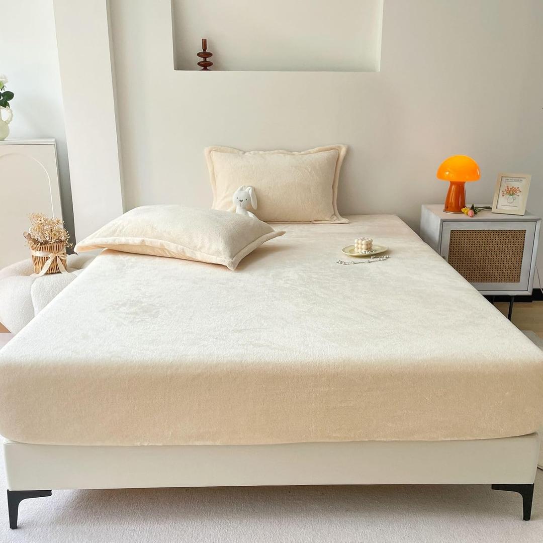 Luxurious Velvet Fitted Sheets，All-Season Milk Plush Bedding，15" Deep Pockets Mattress Protector Cover for a Cozy and Elegant Sleep Experience (Not Include Pillowcases) (Beige, Full)