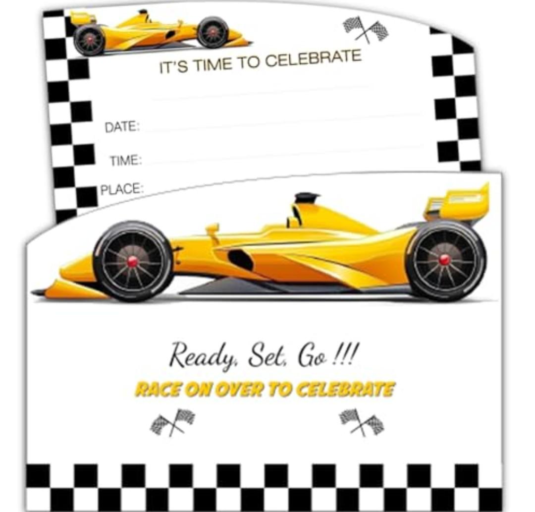 XIAOPNN Race Car Birthday Party Invitation for Boys, Yellow Racing Car, 30 Cards With 30 Envelopes, 5x7 Inches. 2Pack