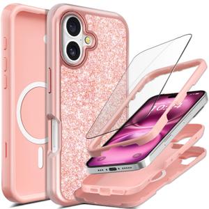 Coolwee Full Protective for iPhone 16 Plus Case, Compatible with MagSafe, for Women Girls, Hybrid 3 Layers Heavy Duty Rugged Shockproof for iPhone 16 Plus Case Rose Gold Bling, Pink Glitter