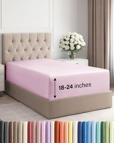 Extra Deep Twin Fitted Sheet - Hotel Luxury Single Fitted Sheet Only - Easily Fits 18 inch to 24 inch Mattress - Ultra Soft, Wrinkle & Fade Free w/Extra Deep Pockets - Breathable & Comfy - Light Pink