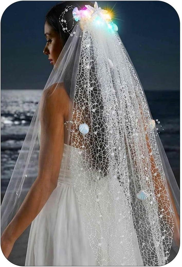 HEREAD Light Up Starfish Veil LED Pearl Mermaid Weding Veils Beach Hair Accessories for Women with Comb