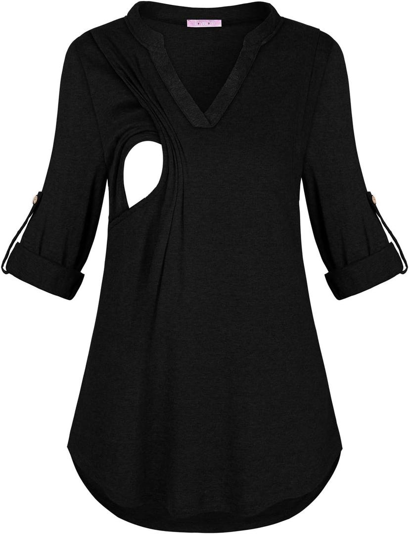 Joymom Maternity Rolled Long Sleeve Nursing Tops Tunic Blouses Breastfeeding (Large, Black)