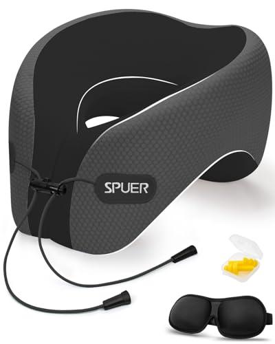 SPUER Travel Pillows for Airplanes, Neck Pillow Airplane, Travel Accessories with Eye Mask, Earplugs & Storage Bag, Memory Foam Neck Pillow for Sleeping, Flights, Cars, Office (Dark Gray & Black) M