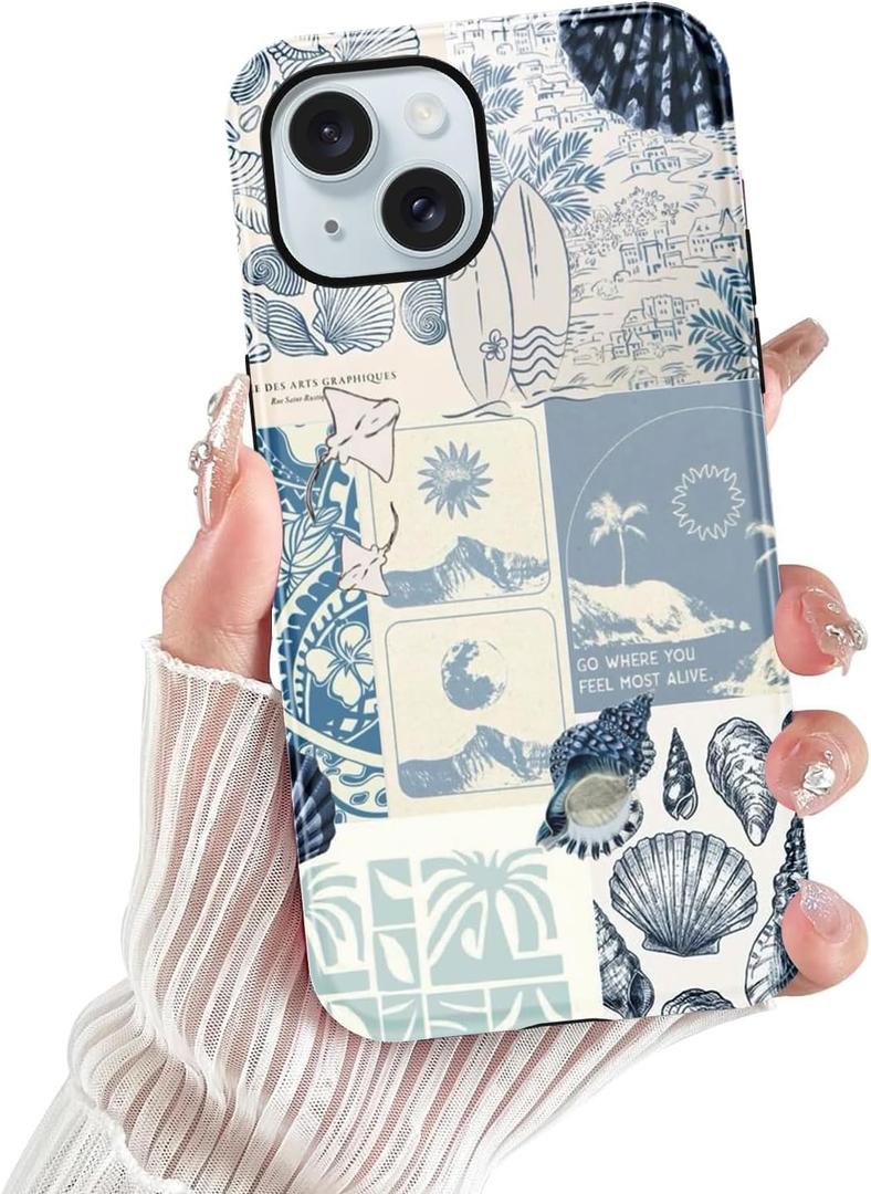Seashell for iPhone 13/iPhone 14 Case 6.1",Beach Blue Collage Coast Cute Summer Phone Cases for Girl Women Boy Men TPU Scratch Resistant Shockproof Protective Cover,Coastal World