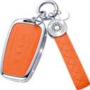For Toyota Key Fob Cover with Keychain, Orange Leather Rhinestone Key Case Protection Shell Compatible with 2018-2022 Camry RAV4 Highlander C-HR Prius Corolla Avalon GT86