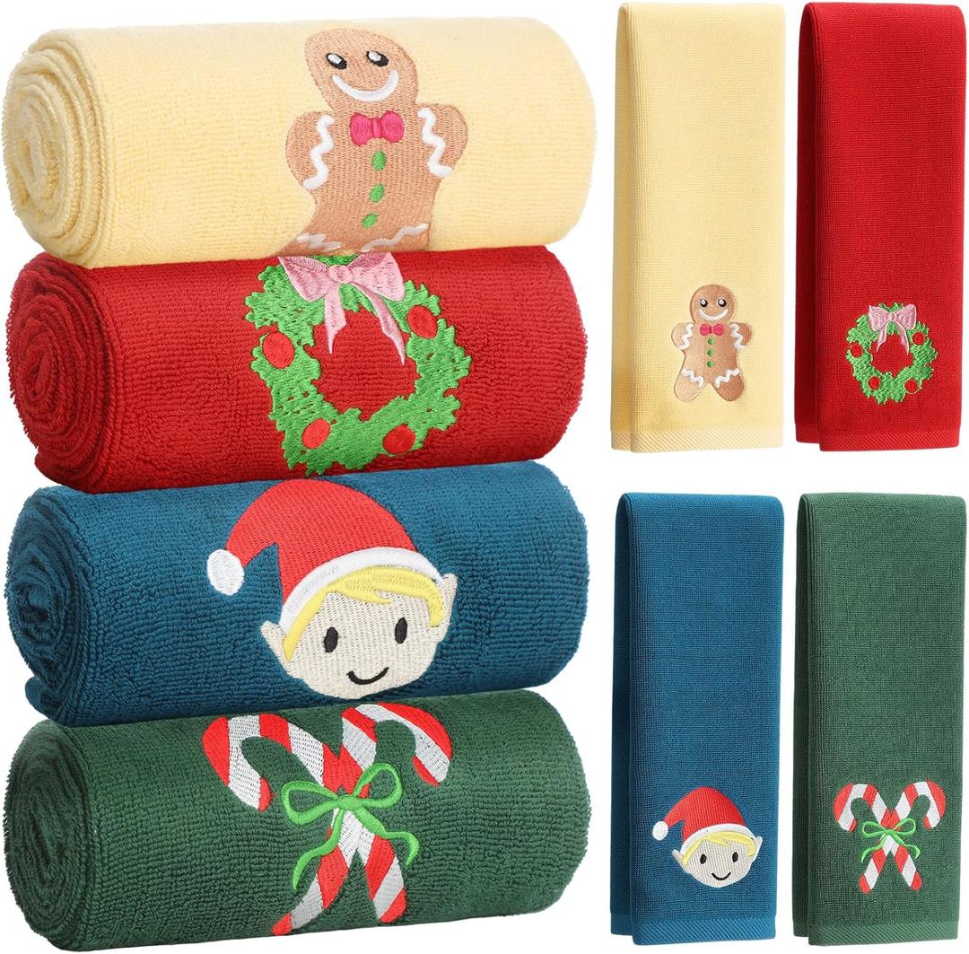 Hahafelt 4 Pcs Christmas Hand Towels 13.7 x 28.7 Inch Large Soft Cotton Embroidered Christmas Bath Towel Set Absorbent Thicken Xmas Towels Decorative for Home Bathroom Kitchen Dish (Vintage)