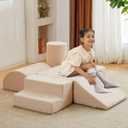 Jela Kids Foam Climbing Blocks 6Pcs Soft Play Equipment Luxury Miss Fabric Toddler Climbing Toys Indoor, Lightweight Climbing Blocks for Babies, Kids, Climb and Crawl Foam Playset (Sand Beige)