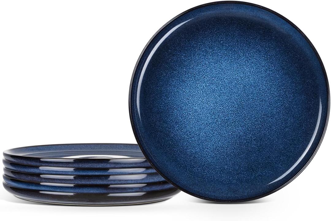 E-far 10.5 Ceramic Dinner Plates Set of 6, Large Reactive Glaze Stoneware Dishes, Round Salad Plate for Home Kitchen Restaurant, Microwave & Dishwasher Safe Deep Sea Blue