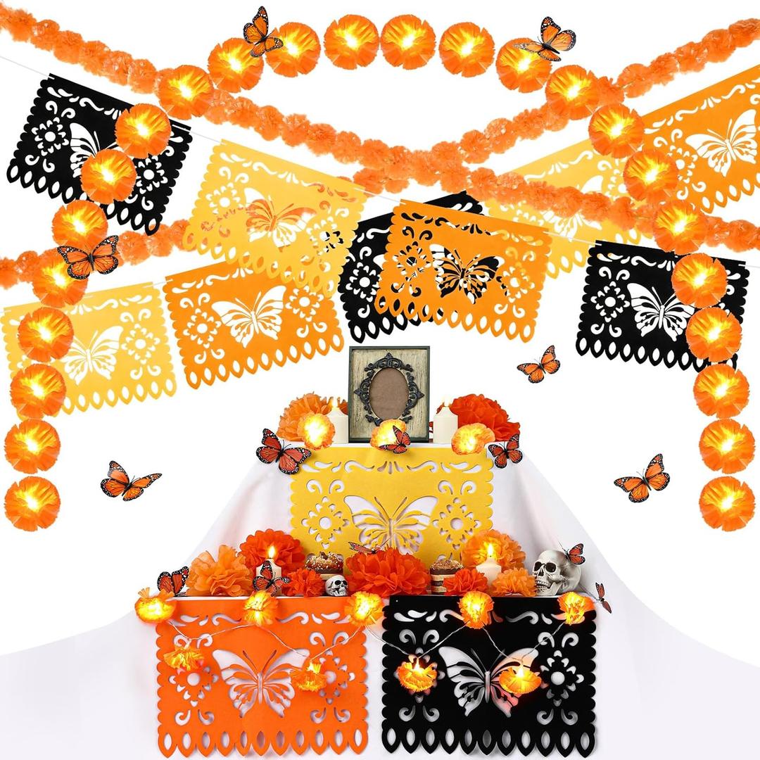 Newwiee 56 Pcs Dia De Los Muertos Decorations Kit, Ofrenda Decorations for Altar Include Marigold Garland LED Light, Garland, Paper Flowers, Butterfly, LED Candle, Banner for Day of the Dead(Orange)