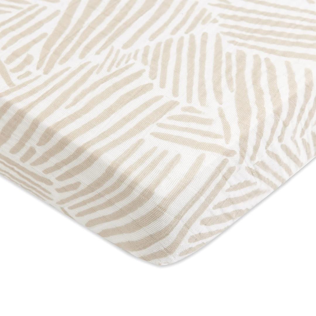 Babyletto 100% Organic Cotton Mini Crib Sheet, GOTS-Certified, Fitted 360, Ultra-Soft and Breathable Muslin - Oat Stripe