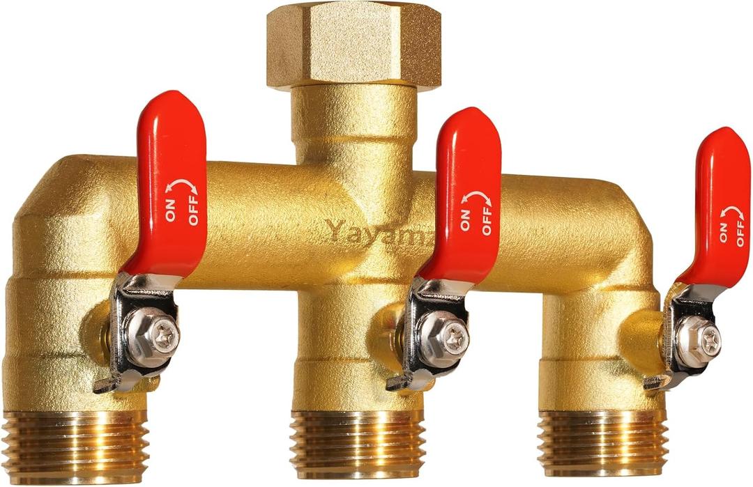 Heavy Duty Brass Garden Hose Splitter 3-Way,3/4" GHT Thread, High Flow Faucet Splitter, Water Hose T Spigot Splitter with Shut-off Valves,Water Adapter & Connector-Long Red Metal Handle