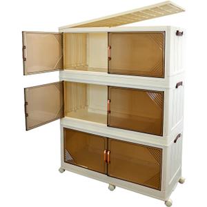Stackable Storage Bins with Lid -Large 430Qt 3Tier Folding Storage White with Magnetic Doors & Wheels, Closet Organizersfor Home,Garage,Office,Shoes,carport (3 Tier)