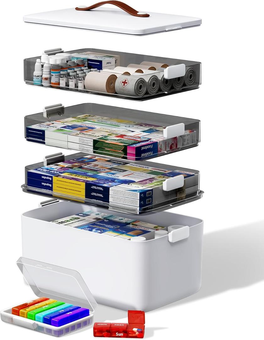4-Tier Medicine Cabinet Organizer with Leather Handle, Empty Plastic First Aid Kit, Multipurpose Storage Box with A Portable Weekly Pill Organizer for Family Emergencies, Home, White