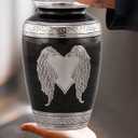 M MEILINXU Urn for Ashes for Woman & Male, Cremation Urns for Human Ashes Adult Female & Man, Burial Urns, Decorative Urns for Funeral, Silver Angel Wings and Heart-Shaped, Black Urn for Woman -Large