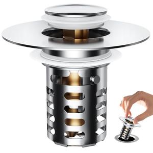 3 Pack Ideandrain Upgraded Bathroom Sink Stopper Drain Strainer for 1.1-1.45 Inch, Brass Bullet Core, All Metal Cover, Pop Up Stainless Steel Drain Filter with Basket Hair Catcher, Slant Bore