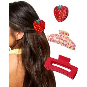 HAIMEIKANG 3 PCs Fruit Hair Claw Clips for Women - Non Slip Strong Hold Cute Non-slip Stylish Accessories for Thick Thin Hair (Strawberry Hair Clips)