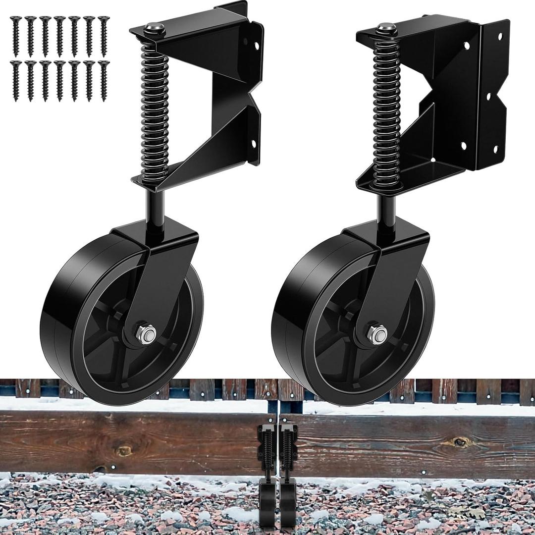 Gisafai 2 Pcs 6 Inches Heavy Duty Gate Wheel, Gate Caster for Outdoor Wooden Doors or Fence, Caster Wheel Spring Loaded for Uneven Floors with 360 Swivel, Left Right, Black