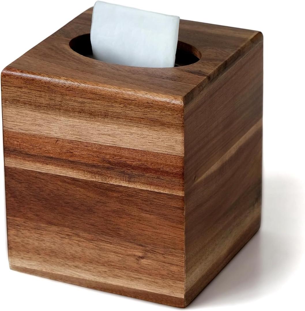 S310 Acacia Wood Tissue Box Cover, Square Tissue Box Holder with Slide-Out Bottom, Wooden Cube Tissue Covers Tissue Holders for Bathrooms Office Kitchen
