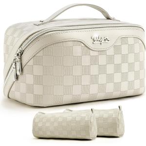 BOYATU Travel Makeup Bag Organizer: 3 Pcs Set Large Capacity Cosmetic Bags Holds 1020 100ml Full-Size Bottles - 180Open-Flat Make up Case 3-sec touch-up - Toiletry Bag Gift women (01-D-Beige)
